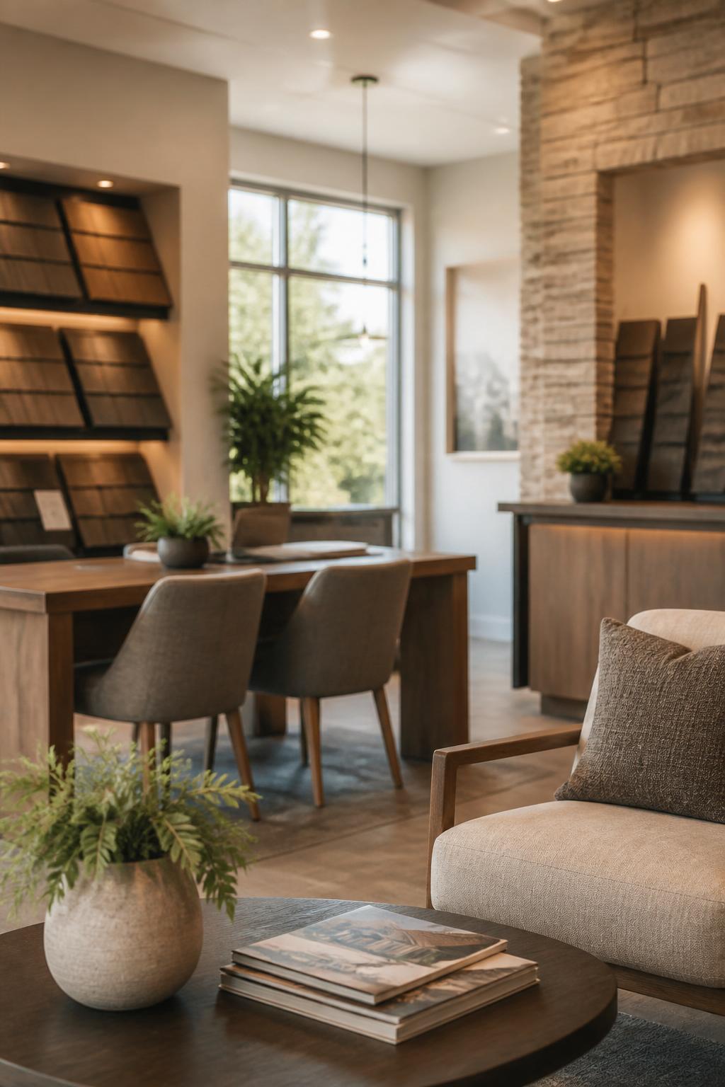 Clean roofing office interior with warm neutral materials and soft light